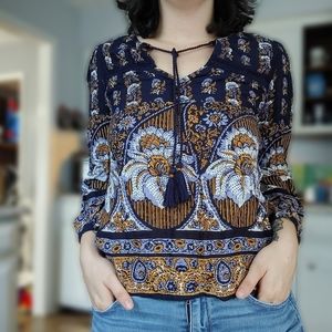 Lucky Brand Blue Floral Long Sleeve Boho Top XS